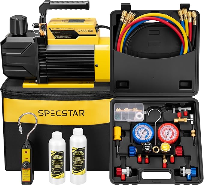 SPECSTAR 3/4 HP 7.2 CFM 2 Stage HVAC Vacuum Pump and 4 Way AC Manifold Gauge Set with Leak Detector 5ft Hoses & Accessories for R134a R12 R22 R502 R410a Auto Air Conditioning Refrigeration Recharging