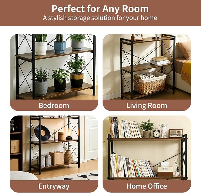 COSYSUPER 3 Tier Storage Shelf, Small Industrial Shelving Unit with Metal Frame & Wood Shelves, Sturdy 3 Shelf Organizer for Bedroom, Living Room, Entryway, Easy Assembly