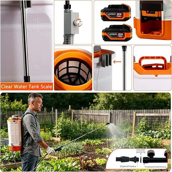 4.76 Gallon Battery Powered Backpack Sprayer | 0-120 PSI Electric, 21V Dual Batteries, 8 Nozzles & 2 Spray Wands, Auto Stirring, Goggles & Gloves Included