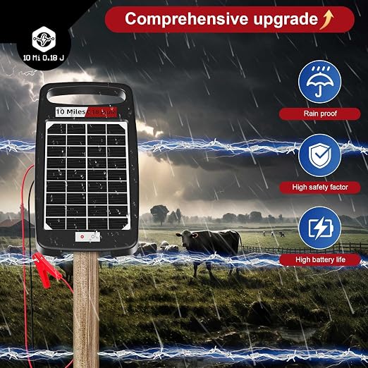10 Miles Solar Powered Electric Fence Charger – 0.18J Output, 24/7 Day/Night Protection, Portable Fence Energizer for Dogs, Chickens, Garden, Livestock, Rechargeable Solar Panel, Rugged & Waterproof