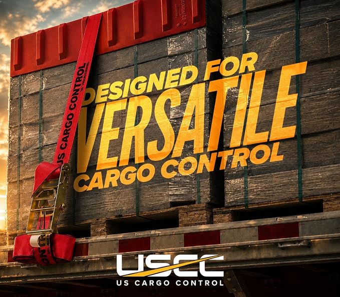 US Cargo Control Flat Hook Ratchet Strap 4” x 30’, 5,400 LBS Working Load Limit, Red 4 Inch Ratchet Strap with Black Flat Hook, Professional 4 Inch Strap for Flatbed Trailers