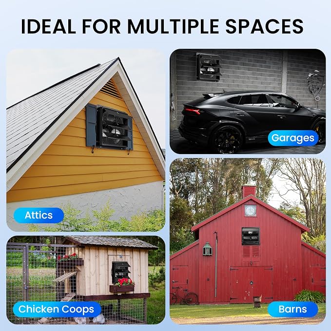 10" Wall Mounted Shutter Exhaust Fan, Attic Fan with Thermostat Humidity Controller, 10-Speed Adjustable, 820 CFM, Automatic Shutter, Vent Fan for Greenhouses, Garages, Shop, Chicken Coops