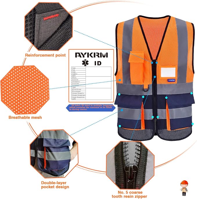 SMALL High Visibility Mesh Safety Reflective Vest with Pockets and Zipper | Orange/Navy S mesh safety vest with transparent ID pocket, radio mic loop and reflective strips for warehouse logistics.