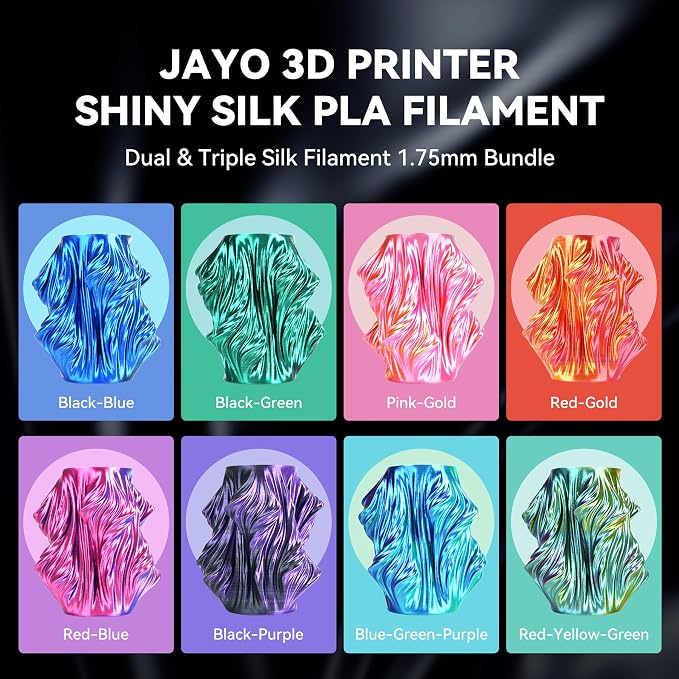 JAYO Silk Dual & Tri-Color PLA Filament 1.75mm Bundle, Multi-Color Shiny 3D Printer Filament Set, Smooth Glossy Finish, Easy to Print, No Clog, 250g Spool, 8 Rolls, 2kg in Total