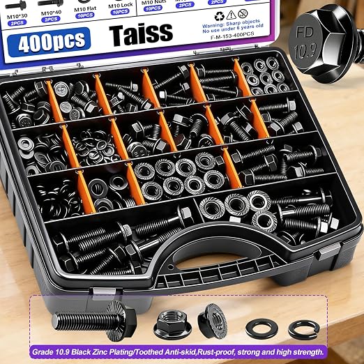 Taiss 400PCS Metric Flange Bolt Assortment Kit,M6x1.0, M8x1.25, M10x1.5 Bolts(12mm to 45mm),Hex Bolts and Nuts Washers Kit,Metric Bolt Assortment,10.9 Black Zinc Galvanized