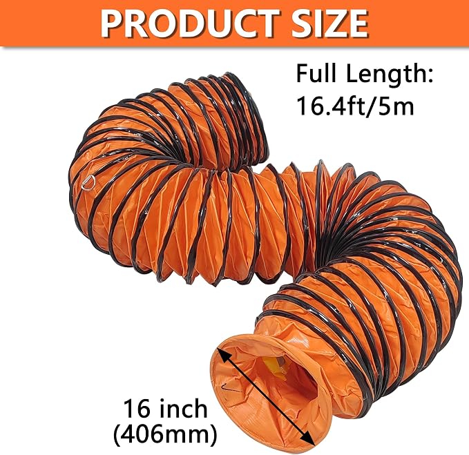 16FT Ducting Hose 16 Inch PVC Flexible Duct Hosing with Adjustable Rope for Utility Blower Exhaust Fan