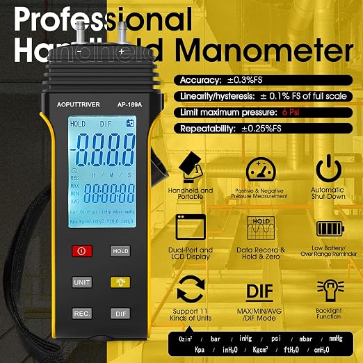 2Packs-Anemometer HVAC,CFM Air Flow Meter with Backlight Max/Min/Avg AP-846A and AP-189A Manometer Gas Pressure Tester