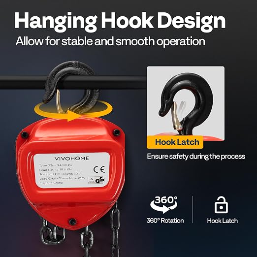 VIVOHOME Chain Hoist 2 Ton 10ft Red, Mini Chain Hoist 4400Lbs, Heavy Duty Pulley Hoist with G80 Manganese Steel Chain, Manual Chain Fall for Garages, Warehouses, and Automotive Tasks