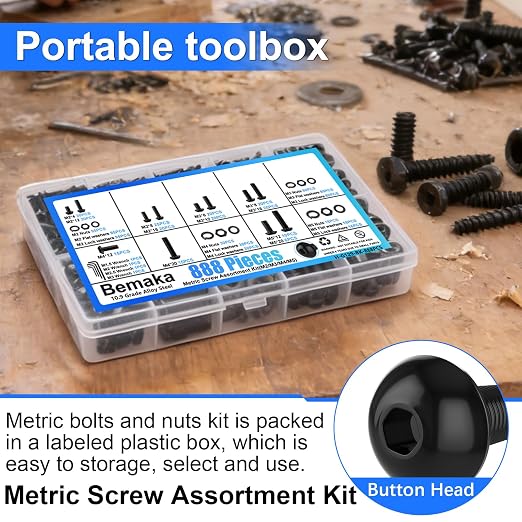 888PCS Metric Screw Assortment Kit, M2 M3 M4 M5 Metric Bolt Assortment, Button Head Socket Cap Screws Bolts Nuts Washers Kit, 10.9 Grade Alloy Steel Machine Screws for 3D Printing