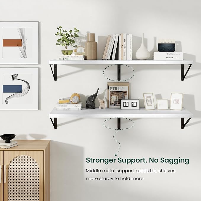 Floating Shelves 12 Inch Deep, 48W x 12D Wall Shelf Set of 2, 70 lbs Heavy Duty Reversible Metal Brackets, Deep Industrial Book Shelf for Living Room Kitchen Bath Bedroom Coffee Bar, White
