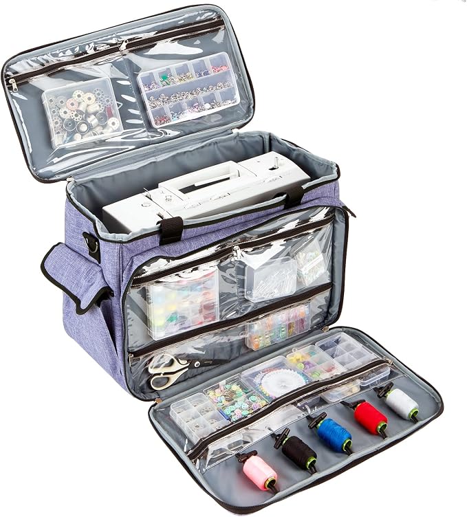 HOMEST Sewing Machine Carry Case, with Shoulder Strap and Front Pocket | Fits most standard Singer, Brother and Janome machines, with storage pockets for sewing accessories and tools, Purple