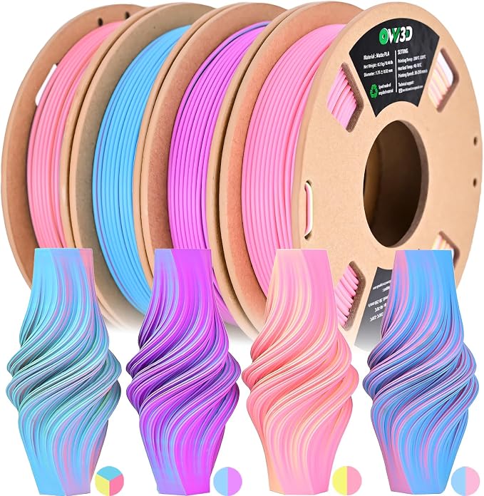 OVV3D Matte PLA 3D Printer Filament Bundle, Tri & Dual Color Filament 1.75mm Pack, Multi Color Change 3D Printing Filament for Most FDM 3D Printer, 4 Spools 200g Each