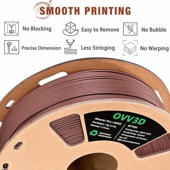 OVV3D Wood PLA Filament 1.75mm, Cherrywood Filament 3D Printer Filament, Add More Than 30% Real Wood Fiber, Matte Frosted 3D Filament, 1.75 PLA 3D Printing Filament