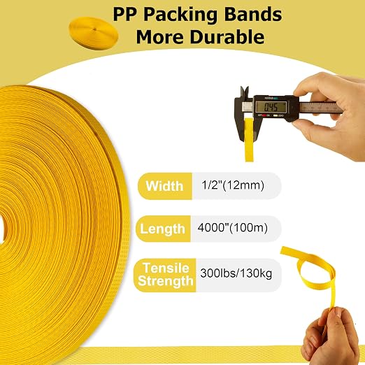 Heavy Duty Packaging Banding Strapping Kit, 4 in 1 Pallet Strapping Kit with Poly Strapping Tensioner, Banding Sealer Tool, 4000" Length Strapping Roll & 100 Metal Seals for Packing