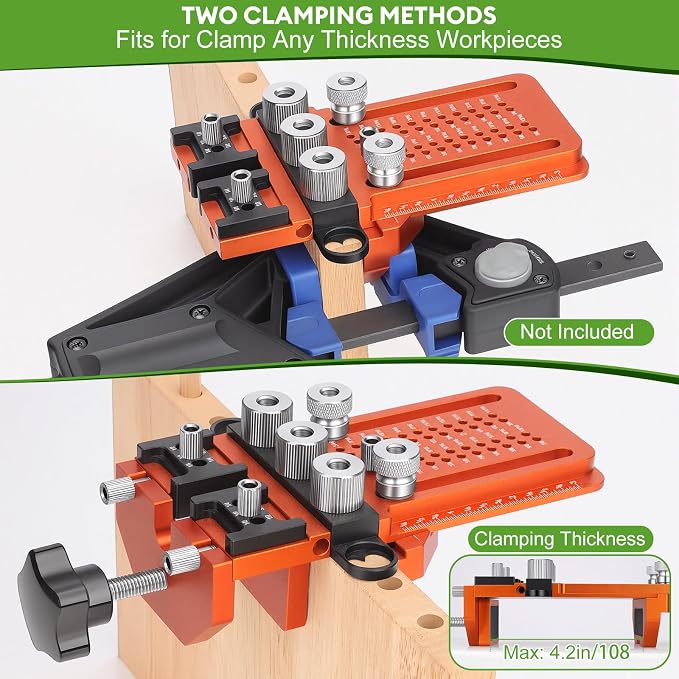 Adjustable Dowel Jig Kit, Drill Guide with Quick Positive Stop & Clamp – Fits 1/4, 3/8, 1/2 Inch Dowel Holes, Dowel Jig for Woodworking Fit All Kinds Wood Dowel Joints, for Cabinet, Furniture