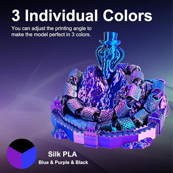 ERYONE Silk Tri Color PLA Filament 3D Printer 1.75mm +/- 0.03mm, Multicolor Filament Tricolor PLA 1KG(2.2lbs) Cardboard Spool, Blue Purple Black