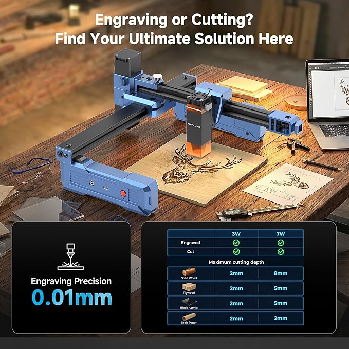 Artilume T1 Laser Engraver 3000mW, Foldable Design Laser Engraving Machine, 0.01mm Precision, Large Working Area 200 * 150mm for Wood Leather Acrylic and More, Best for Beginners Small Business