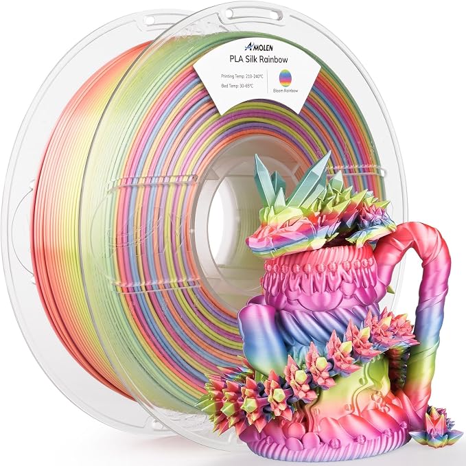 AMOLEN Silk PLA 3D Printer Filament, Shiny Multicolor Rainbow PLA Filament 1.75mm, Gradient Color Change PLA 3D Printing Filament for Most FDM 3D Printer, Pink Blue Purple Green Yellow, 1kg (2.2lbs)