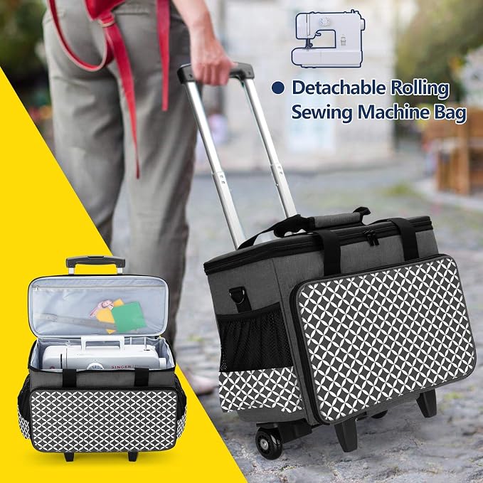Yarwo Upgraded Rolling Sewing Machine Carrying Case, Detachable Trolley Tote Bag with Removable Bottom Board and Thickened Trailer Leg for Most Standard Sewing Machine and Accessories, Black with Grid