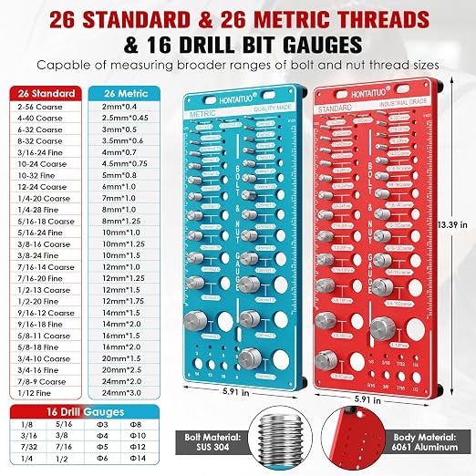 68 Nut and Bolt Thread Checker Standard and Metric,Bolt Size and Thread Gauge with 26 Standard & 26 Metric Bolt & 16 Drill Bit Gauge,Bolt Size Finder Bolt and Nut Identifier Gauge