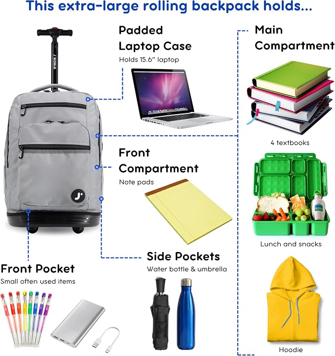 J World Sundance Laptop Rolling Backpack for Girls Boys. Roller Bookbag with Wheels, 20 Inch, Grey