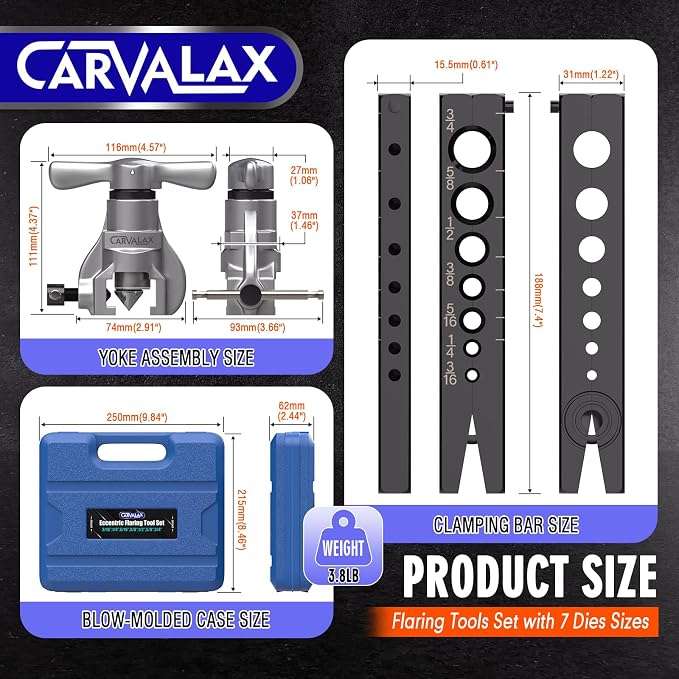 CARVALAX 45° Eccentric Flaring Tool Kit for Copper, Brass, and Aluminum Tubing, Single Flaring Bar with 7 Dies (3/16" to 3/4"), for HVAC, Refrigeration,and Brake Lines, heavy duty with Case (Imperial)