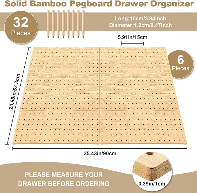 Kigley 6 Pcs Wood Pegboard Drawer Organizer with 48 Pegs Wooden Peg Board System Peg Drawer Organizers for Kitchen Dishes Plate Pegboard Food Containers(Wood Color,21x5.91,Bamboo)