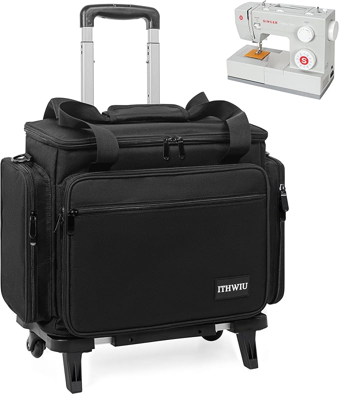Sewing Machine Case with Wheels, Universal Rolling Trolley Tote with Shoulder Strap & Multiple Storage Pockets Compatible with Most Standard Singer, Brother, Janome, Black