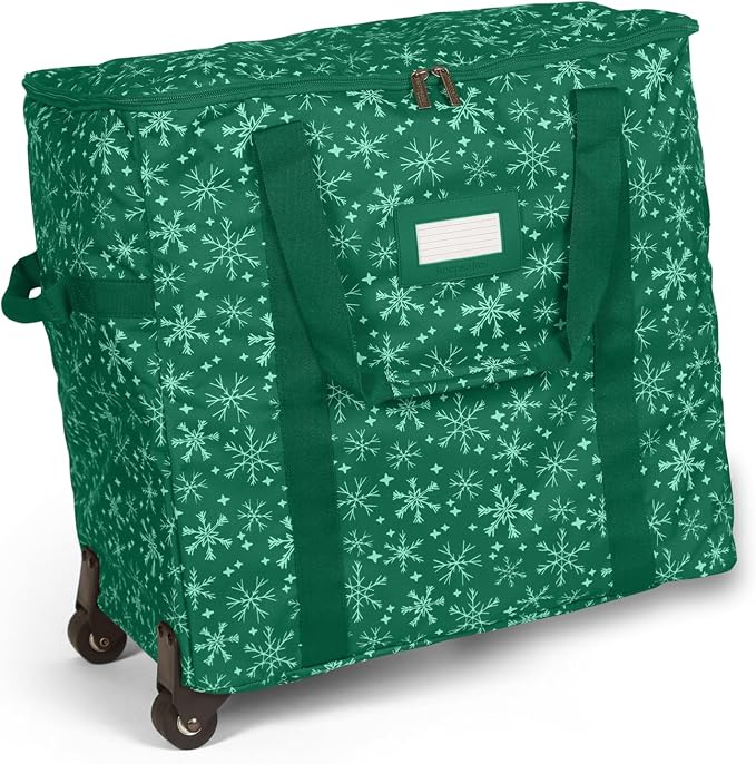 Covermates Keepsakes Rolling Treasurekeeper Storage Bag – Heavy-Duty Polyester with Dual Wheels & Handles – Protects Holiday Decorations with ID Window & Dual Zipper Access, Green Snowflake