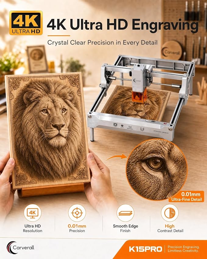 Laser Engraver, Carverall K15 Pro Laser Engraving Machine for Beginners DIY 200x300mm (Near A4) CNC Laser Cutter for Wood Coated Metal Acrylic Leather, Laser Radiation Power: 8.913μW Class 1
