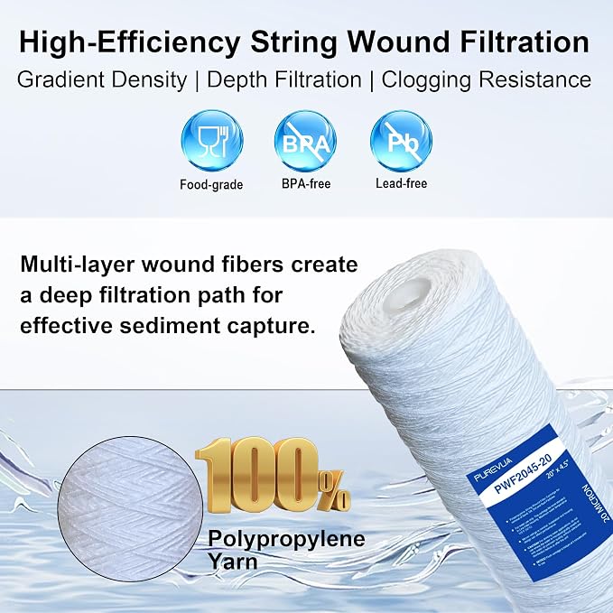 5 Micron 20"x4.5" String Wound Sediment Filter, Whole House Water Filter Cartridge for Well Water, Compatible with WP5BB20P, SWC-45-2005, Fits Standard 20" Big Housings, 6 Pack