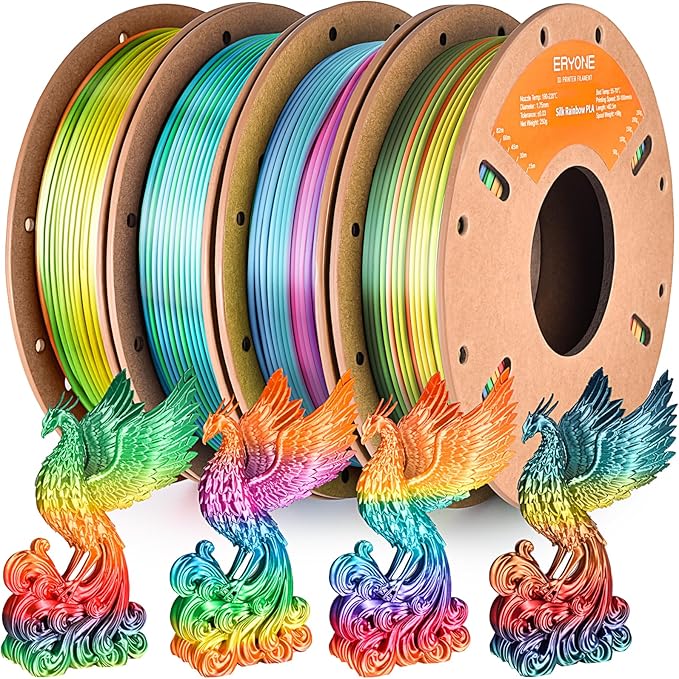 ERYONE PLA Filament 3D Printer Filament Bundle Multicolor 1.75mm +/- 0.03mm, PLA Filament 250g Spool, 4 Rolls, Silk Rainbow 1