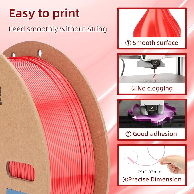 3DHoJor Silk PLA Filament 1.75mm, PLA Filament 1.75mm Silk Shiny 3D Printer Filament, 1kg Cardboard Spool (2.2lbs), Dimensional Accuracy +/- 0.03 mm, Fit Most FDM Printer（Red）