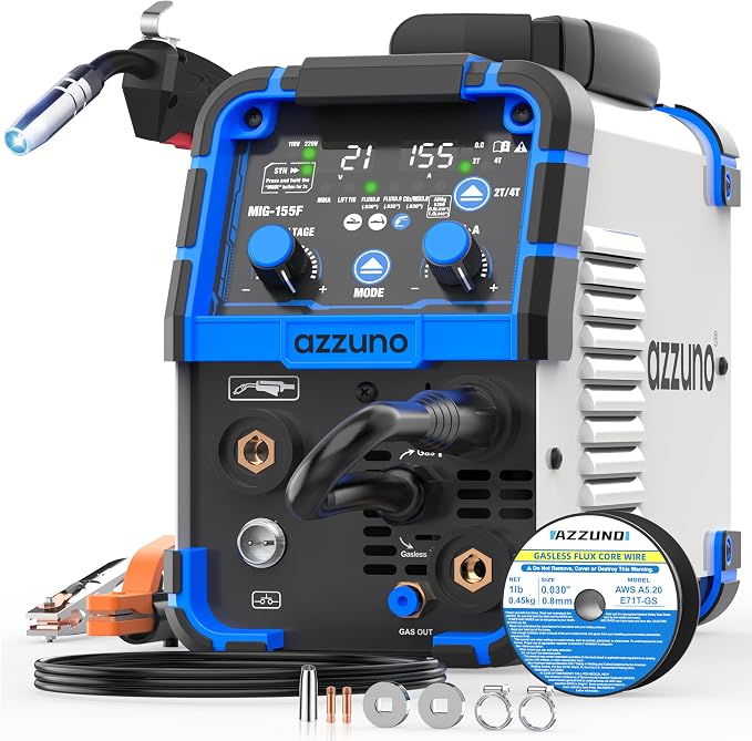 AZZUNO MIG Welder Machine 110V/220V, 155Amp 5-in-1 Gas MIG/Aluminum MIG/Gasless Flux MIG/Lift TIG/Stick Welding Machine, Wire Feed Welder