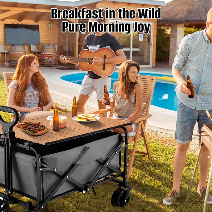 Metal Tabletop Board for Wagons Cart,Foldable Table 34"×21" | Heavy Duty for Wagon, Alloy Board with Load Capacity 68LBS, Camping Essential and Gear for Outdoor Party (Woody)