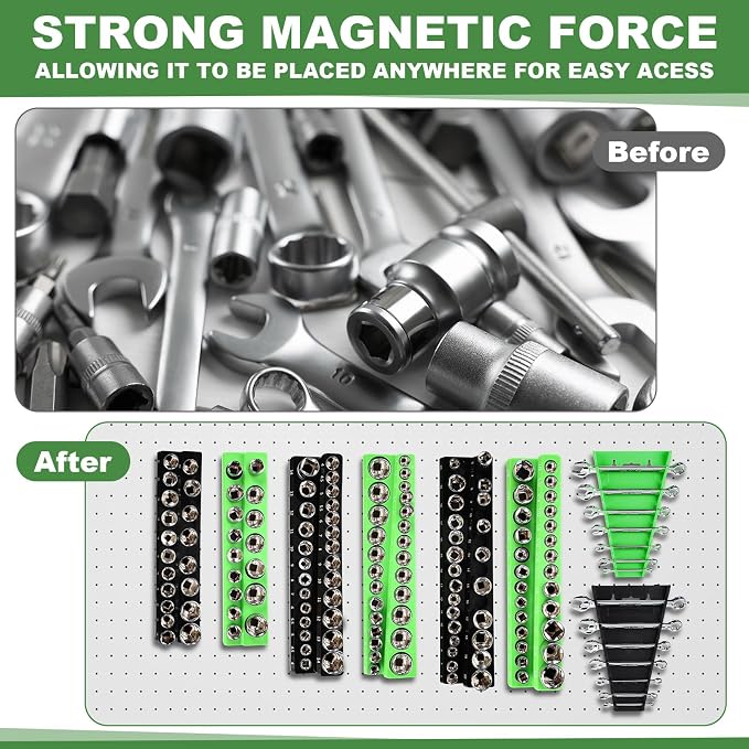Blulu 8 Pcs Magnetic Socket Organizer & Magnetic Wrench Organizer Set 1/4", 3/8", 1/2" Socket Holder, 24-slot Drawer Storage Rack Tool Tray SAE (1/4" to 1-1/16"), Metric (6mm to 24mm) Black Green