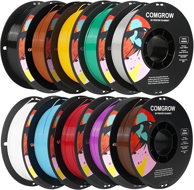 Comgrow PETG 3D Printer Filament 1.75mm, High Precision and Tough 3D Printer Filament, Dimensional Accuracy +/- 0.02 mm Black/White/Grey/Light Blue/Reddish Brown/Red/Yellow/Coffee/Purple/Pine Green
