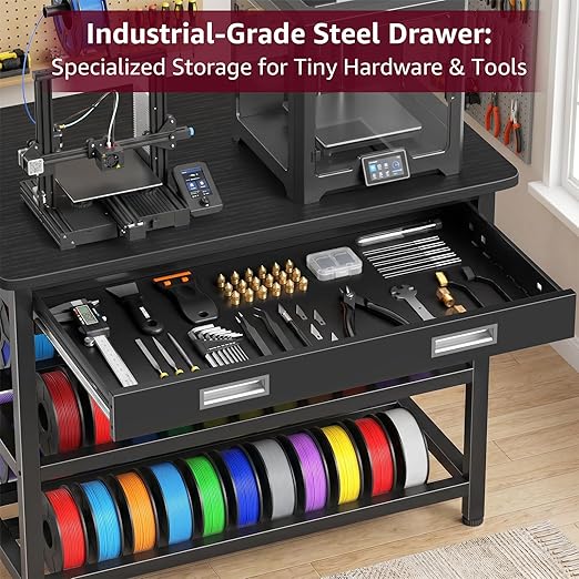 3D Printer Stand with Filament Storage - Heavy Duty 3D Printer Table with Metal Drawer, 36 inch 3 Tier Metal 3 D Printing Desk for 3 D Printers, Black
