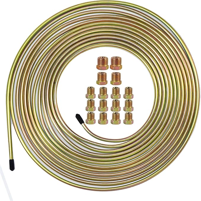 MuHize Brake Line Tubing Kit 1/4 inch 25Ft with 16 Fittings - Zinc Double Galvanized Steel Roll for Cars, Trucks - Complete Hydraulic Fuel Line Replacement, Heavy-Duty Anti-Rust Braking Tubing