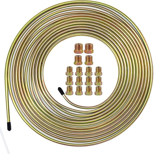 MuHize Brake Line Tubing Kit 1/4 inch 25Ft with 16 Fittings - Zinc Double Galvanized Steel Roll for Cars, Trucks - Complete Hydraulic Fuel Line Replacement, Heavy-Duty Anti-Rust Braking Tubing