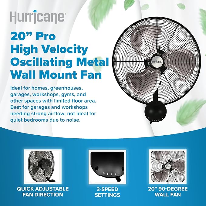 Hurricane Pro High Velocity Oscillating Metal Wall Mount Fan w/ 3 Speeds, Black, 20" - Corded Electric Air Cooling Unit w/ Powerful 4500 CFM Airflow for Home, Garage, Gym, Workshop & Greenhouse