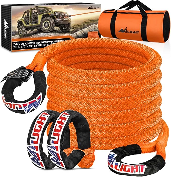 Nilight Kinetic Recovery Tow Rope 7/8" x 20ft (28,600LBS) with 2 Soft Shackle 1/2" x 24" Snatch Strap Heavy Duty Offroad Towing Strap kit for UTV ATV SUV Truck Car Jeep Tractor