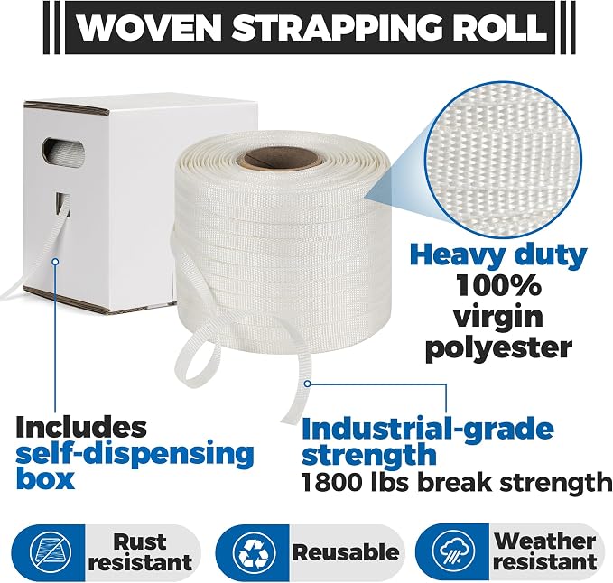 Heavy Duty Woven Cord Flat Rope - 1000ft x ½” Roll - Banding & Pallet Strapping Kit - Includes Virgin Polyester Strapping Roll & Self-Dispensing Box