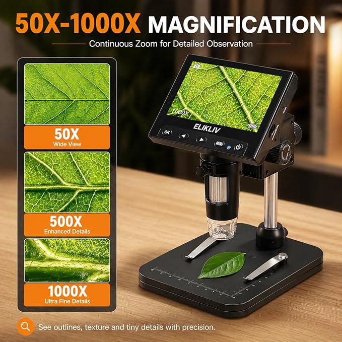 Elikliv Coin Microscope, 4.3'' LCD Digital Microscope 1000x, Coin Magnifier with 8 Adjustable LED Lights, PC View Compatible with Windows/Mac, EDM4B, Black
