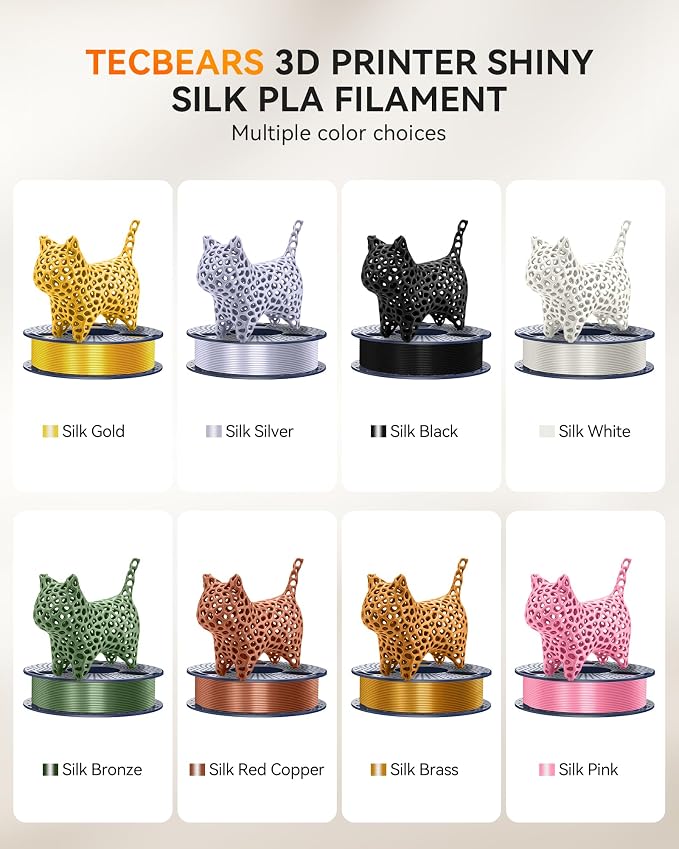 TECBEARS Silk Filament 1.75, Shiny Silk PLA Filament, 3D Printer Filament with Smooth Silky Surface, 250G Spool, 8 Rolls, Gold+Silver+Black+White+Bronze+Red Cropper+Brass+Pink
