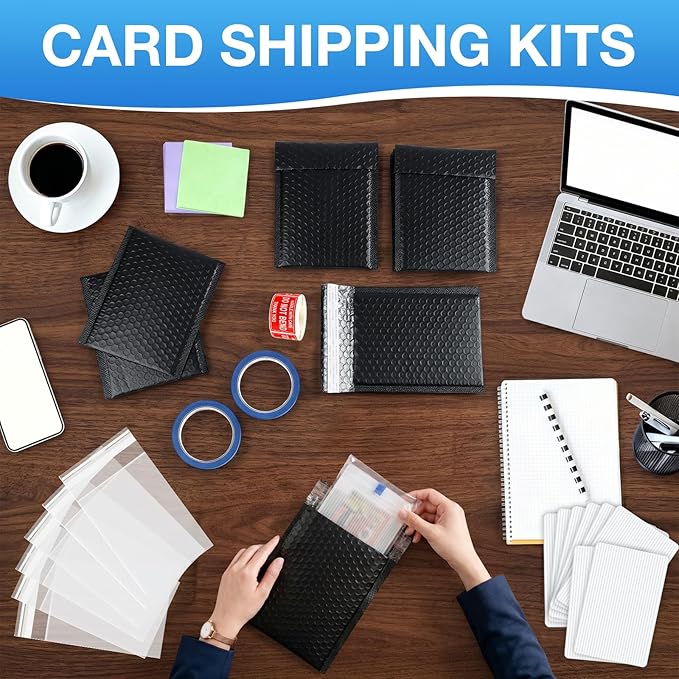 Fayoo 244Pcs Trading Card Shipping Supplies Kit, 60 Waterproof Bubble Mailers with 120 Professional Card Shipping Protectors, Mailing Kit for Sports Cards, Graded Slabs, TCG, Postcards & Sells
