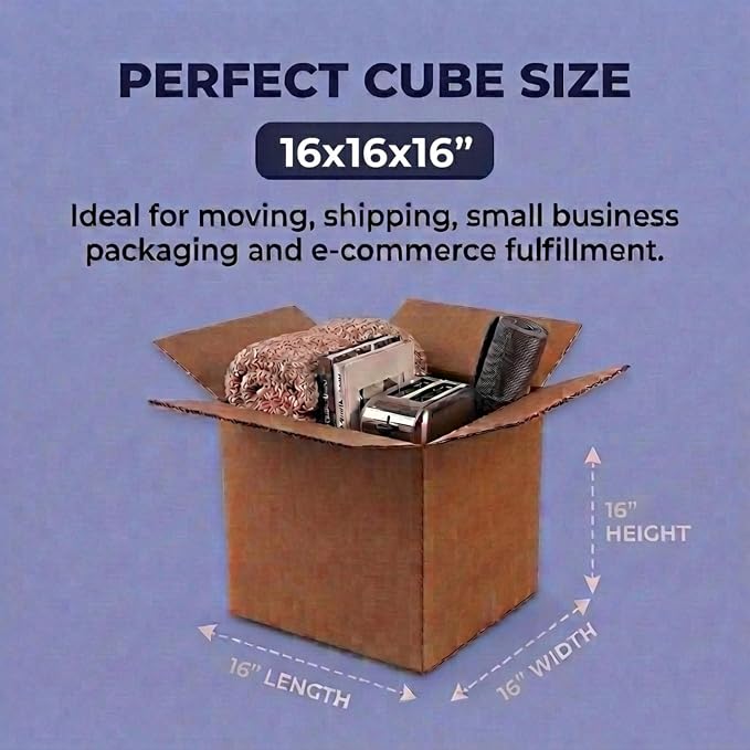 BOX USA Cube Shipping Boxes 16"L x 16"W x 16"H (25-Pack) - Medium Corrugated Cardboard Packaging Boxes for Shipping, Packing, Moving, and Storage at Home, Office, or Business