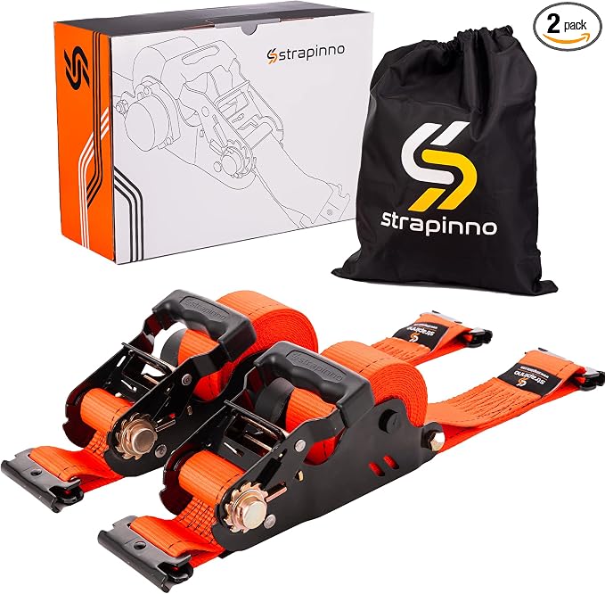 Strapinno E-Track Retractable Ratchet Tie-Down Straps - 2 in x 15 ft Heavy Duty Ratchet Strap with 4,500lbs Breaking Strength for E-Track Rails, Enclosed Trailer & Van (2 PCs)