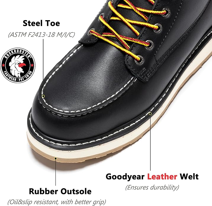 ROCKROOSTER Trinidad 6" Black Steel Toe Wedge Work Boots for Men, Durable Leather Welted Moc Toe Heritage Men's Safety Boots SAP2301 VAP2301