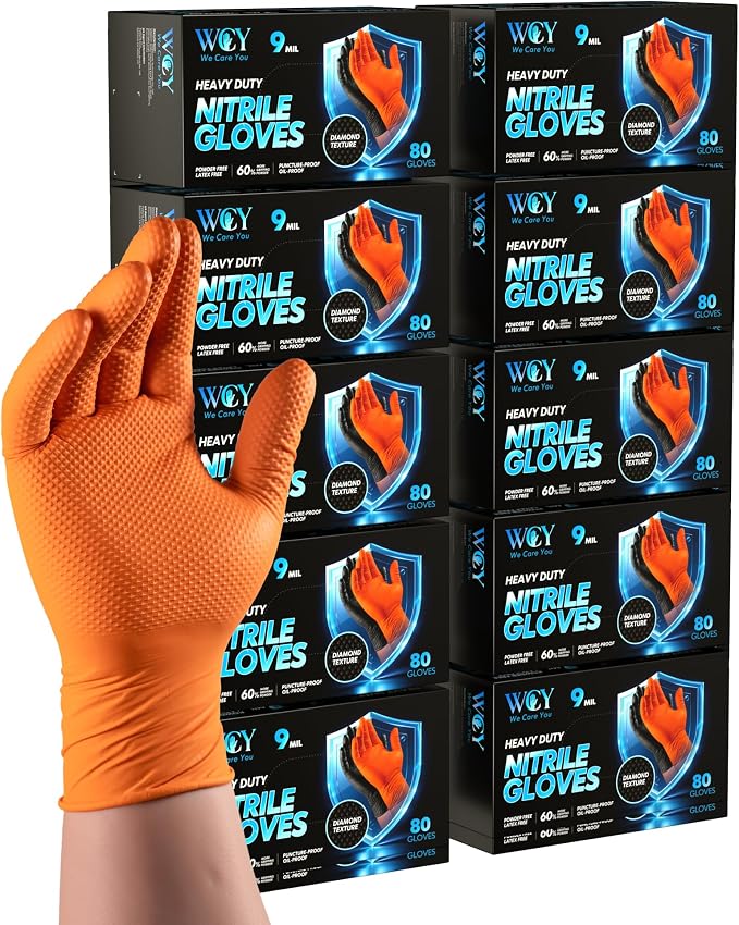 nitroshield 9mil Heavy Duty Disposable Nitrile Gloves,Orange Medium 800Pcs -Chemical Resistant, Latex & Powder Free Rubber Gloves Diamond Texture for Automotive, Mechanics, Cooking,BBQ, Industrial Use